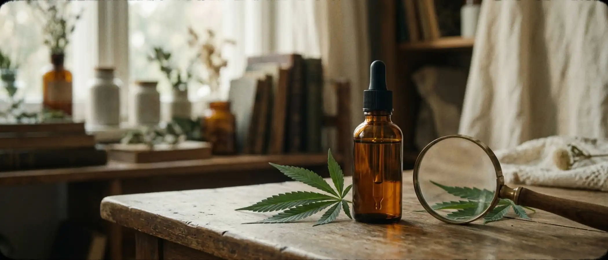 Braunglasflasche mit CBD-Öl neben Hanfblatt und Lupe als Symbol für die Prüfung von Unverträglichkeiten