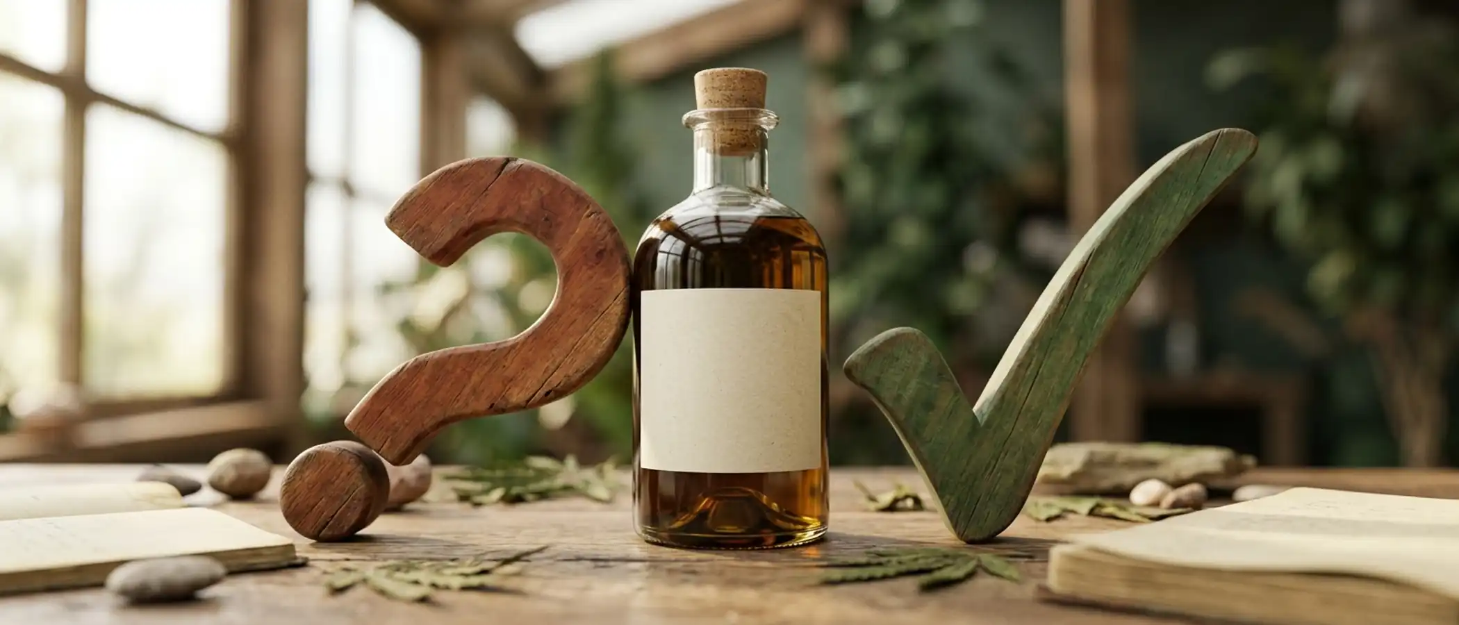 Glasflasche mit Hanfextrakt zwischen Fragezeichen und Häkchen als Symbol für Mythen und Fakten