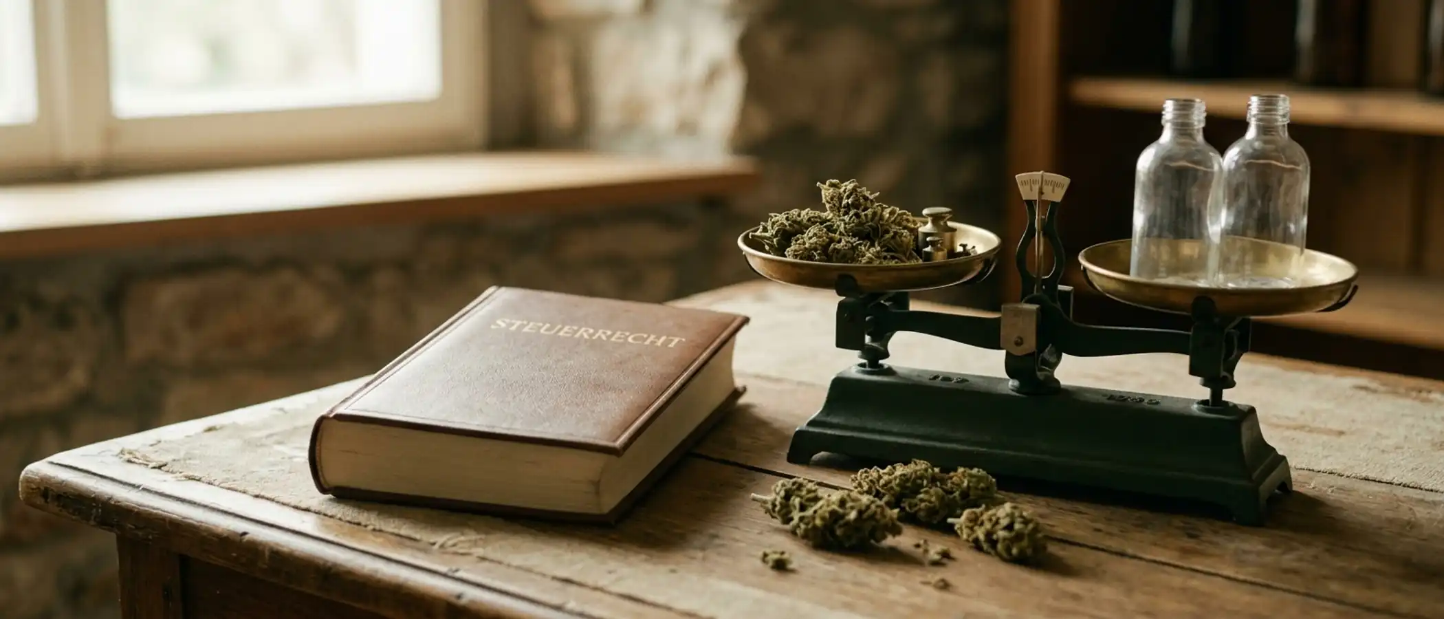 Getrocknete Hanfblüten neben einer Waage und einem Gesetzbuch als Symbol für die rechtliche Einordnung von CBD-Blüten