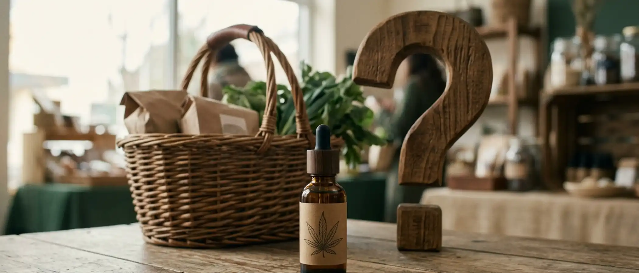 Braunglasflasche mit CBD-Öl neben einem Einkaufskorb und einem Fragezeichen als Symbol für den umstrittenen Verkaufsstatus