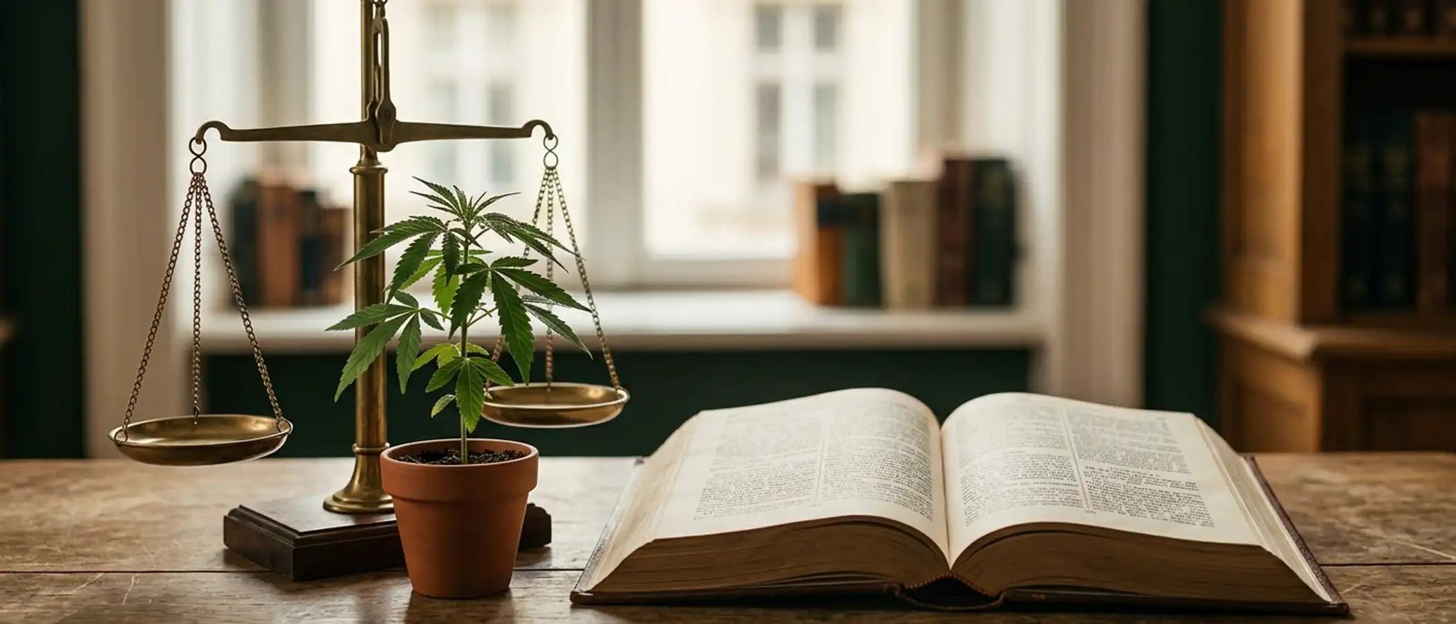 Waage der Justitia neben einer Hanfpflanze und aufgeschlagenem Gesetzbuch auf einem Schreibtisch