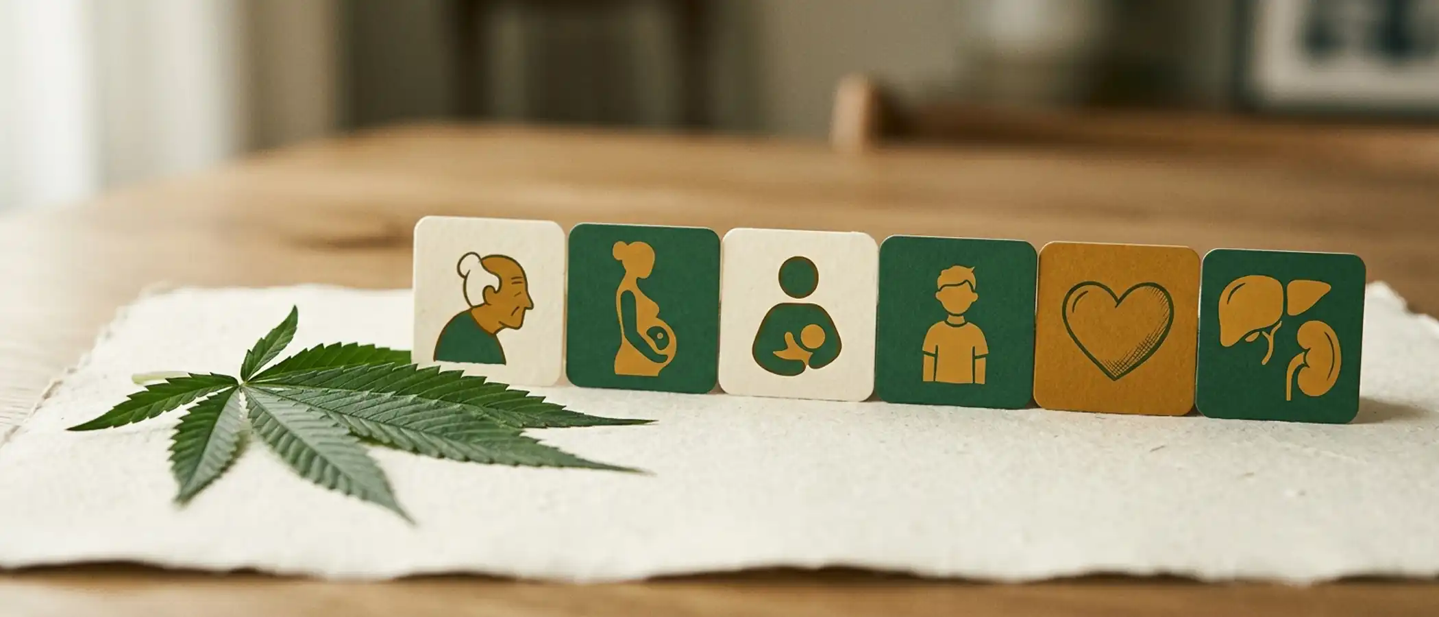 Hanfblatt neben sechs Symbolkarten für die Risikogruppen rund um Cannabidiol